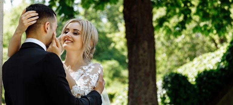 a happy married couple after the wedding and using portable storage for weddings